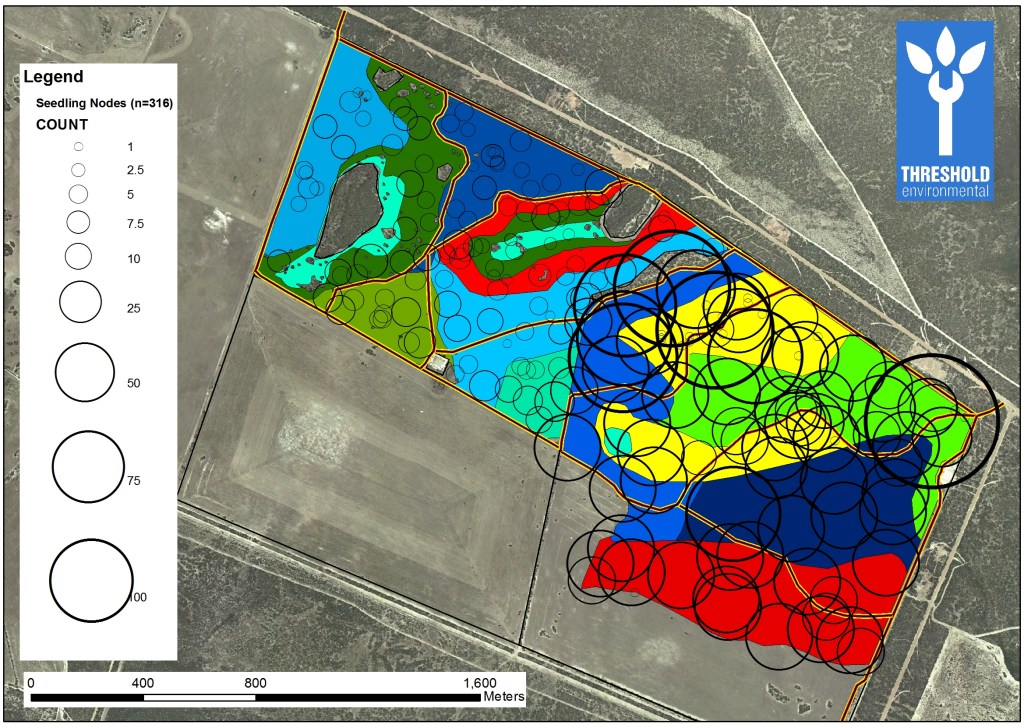 Proteaceous Nodes for ecological restoration. This image demonstrates the distribution and stem count of ecological nodes planted by Threshold Environmental at Monjebup North reserve in 2012 and 2013. 